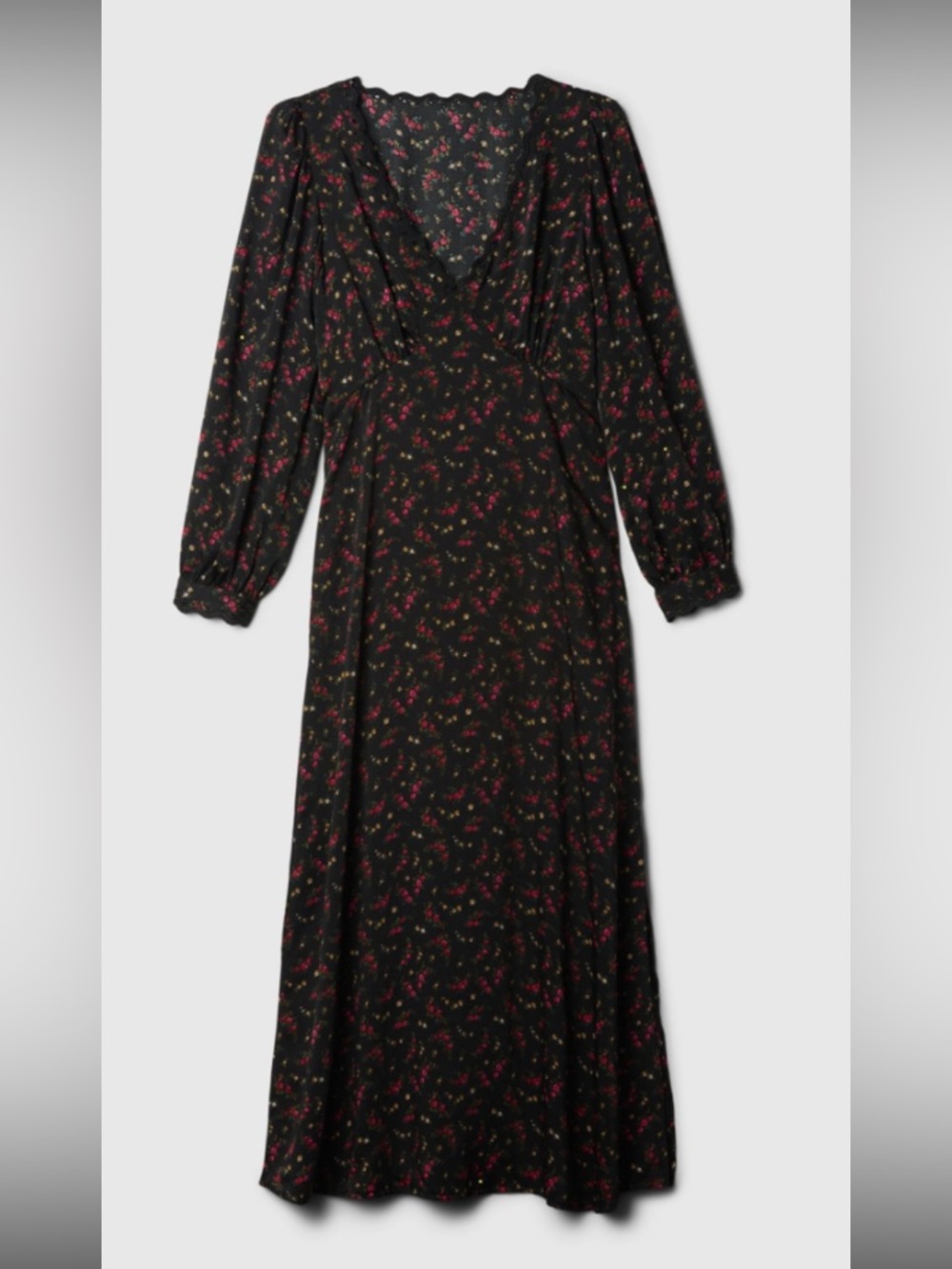The Gap Black Floral Dress Size XXS Long Midi Flowing Long Sleeve V-Neck
